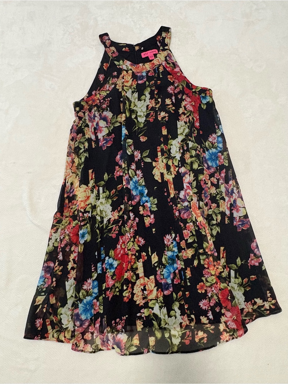 Betsey Johnson Black Floral Halter Swing Dress with Multicolor Blooms